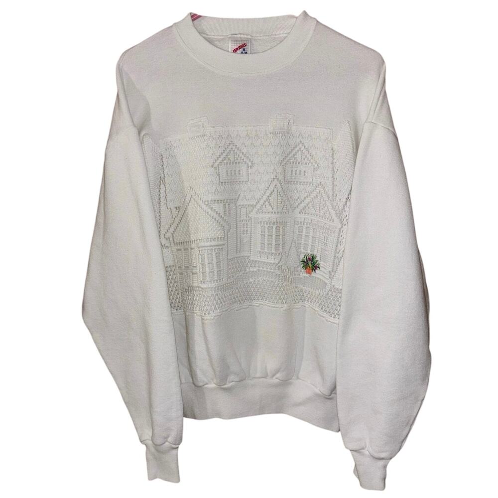 Jerzees White Crewneck Sweatshirt with Embroidered House Detail